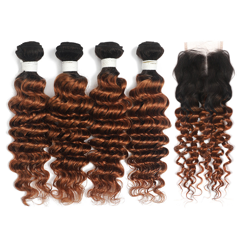 Ombre Ginger Brown Deep Wave 4 Hair Bundles with 4×4 Lace Closure(T1B/30) (4374973775942)