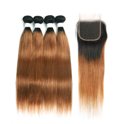 Ombre 30 Straight 4 Human Hair Bundles with One 4×4 Free/Middle Lace Closure (4251450015814)