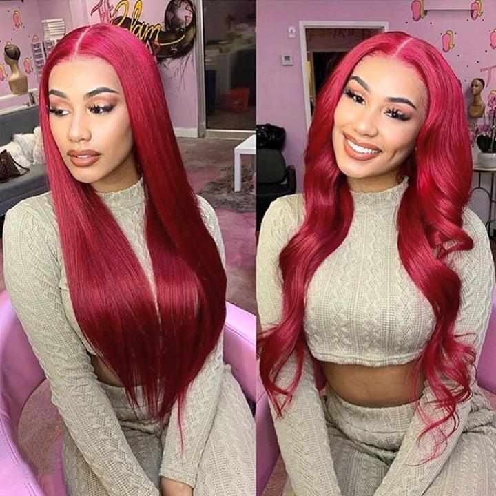 Burgundy Red Straight 100% Human Hair 3 Bundles With Lace Frontal