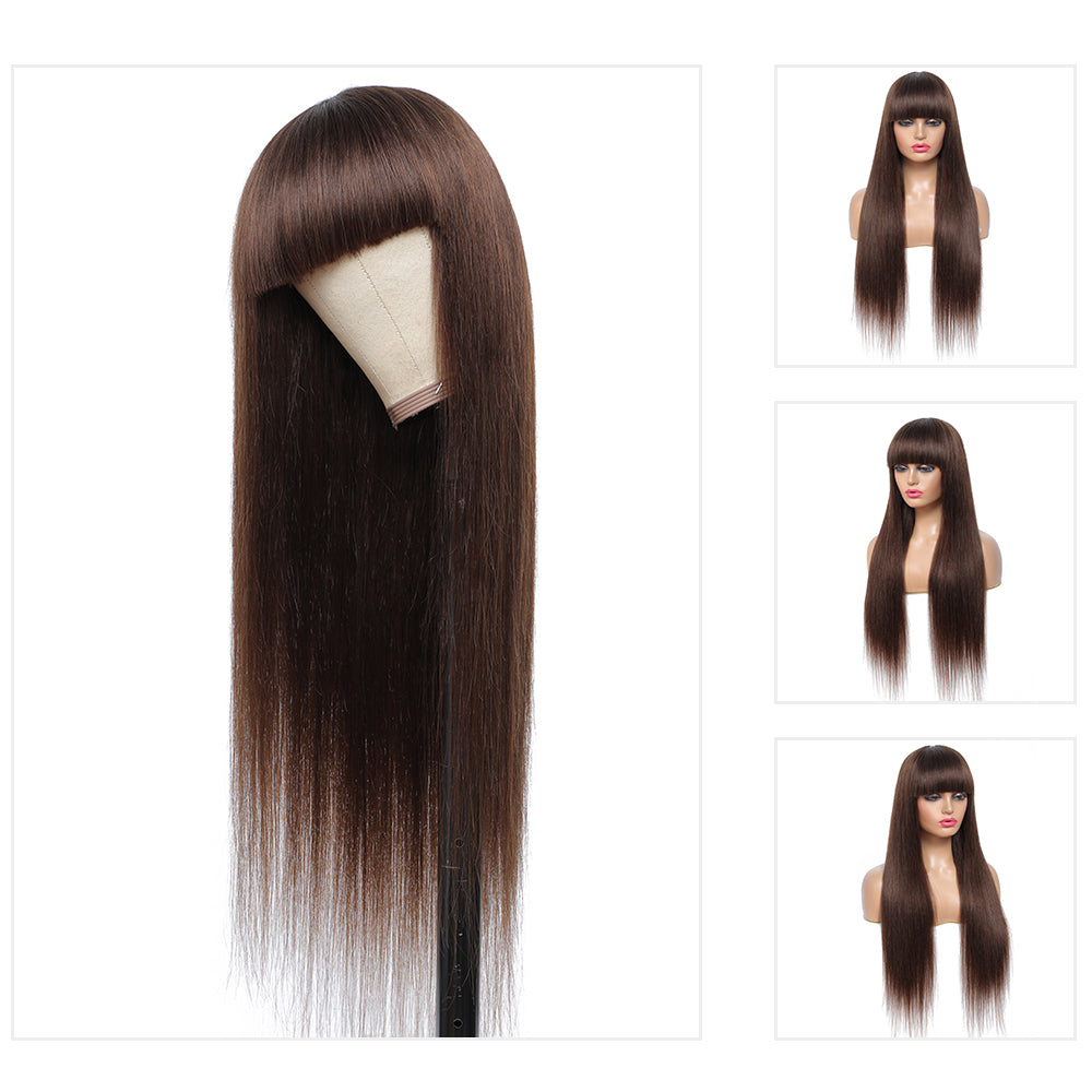 Kemy Hair Medium Brown Straight Human Hair Wigs with Bang 14''-28''（4#）