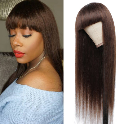 Kemy Hair Medium Brown Straight Human Hair Wigs with Bang 14''-28''（4#）