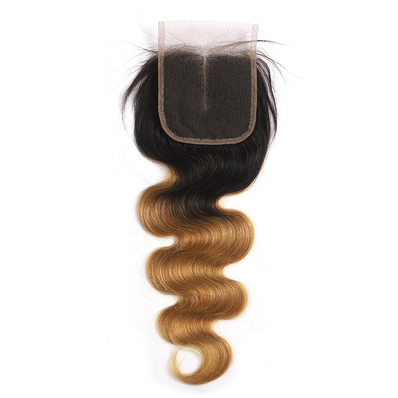 Body Wave Colored Human Hair Free/Middle Part 4×4 Lace Closure (T1B/27)