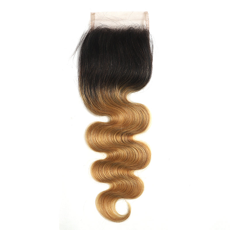 Body Wave Colored Human Hair Free/Middle Part 4×4 Lace Closure (T1B/27)