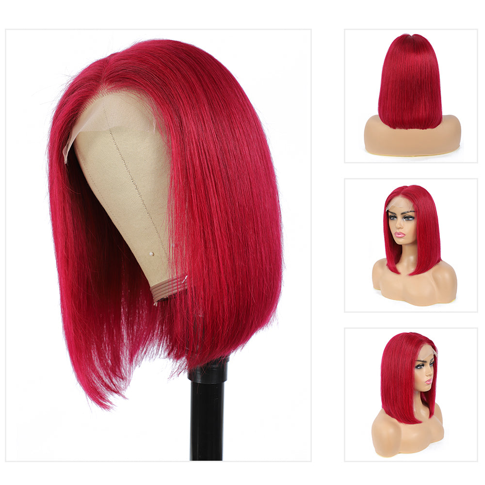 Kemy Hair Burgundy Red Bob Human Hair 4X4 Lace Closure wigs 8''-16''