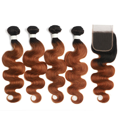 Ombre 30 Body Wave 4 Human Hair Bundles with One 4×4 Free/Middle Lace Closure (4251434942534)