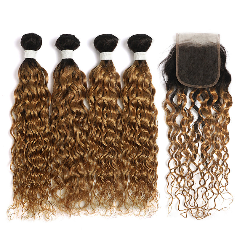 Water Wave Ombre Honey Blonde 4 Bundles with one Free/Middle Part Lace Closure (4330241654854)