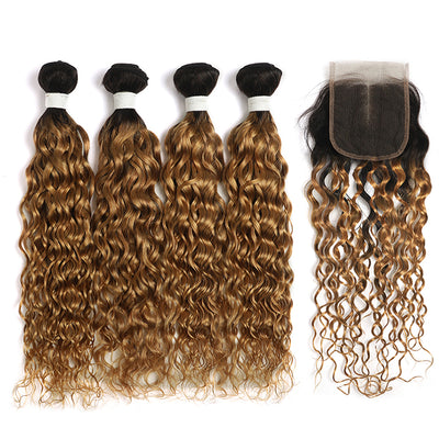 Water Wave Ombre Honey Blonde 4 Bundles with one Free/Middle Part Lace Closure (4330241654854)