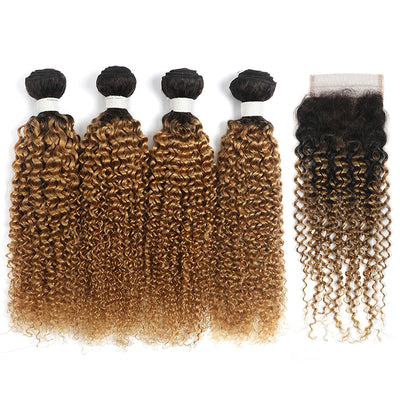 Kinky Curly Ombre Honey Blonde 4 Bundles with one Free/Middle Part Lace Closure (4330081583174)