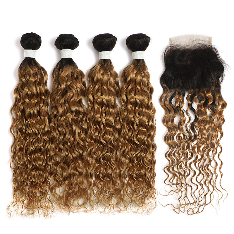 Water Wave Ombre Honey Blonde 4 Bundles with one Free/Middle Part Lace Closure (4330241654854)