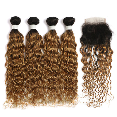 Water Wave Ombre Honey Blonde 4 Bundles with one Free/Middle Part Lace Closure (4330241654854)