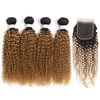 Kinky Curly Ombre Honey Blonde 4 Bundles with one Free/Middle Part Lace Closure (4330081583174)