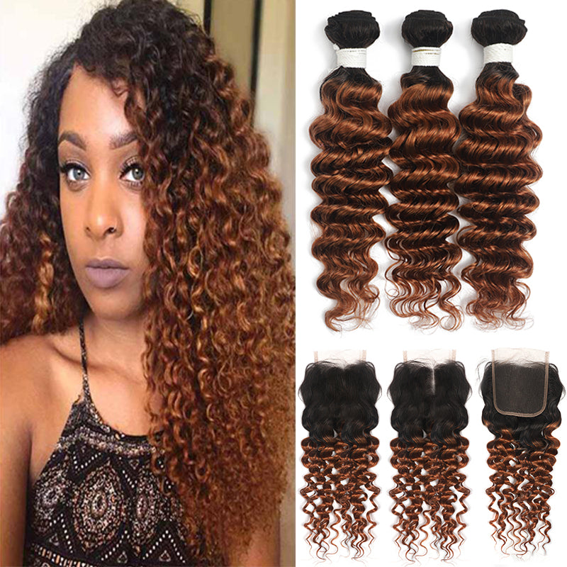 Kemy Hair Deep Wave Human Hair Bundles with Closure Ombre Brown 3 Bundles