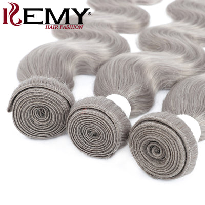 Kemy Hair Body Wave Silver Gray Remy 3Bundles Human Hair with 4×4 Lace Closure