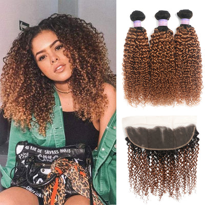 Kemy Hair Ombre Brown Kinky Curly 3 Bundles with Lace Frontal 13x4