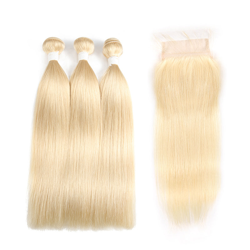 Straight 613 Blond Remy 3 Human Hair Bundles with One 4×4 Free/Middle Lace Closure (3576499175524)