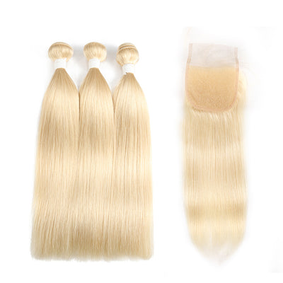 Straight 613 Blond Remy 3 Human Hair Bundles with One 4×4 Free/Middle Lace Closure (3576499175524)
