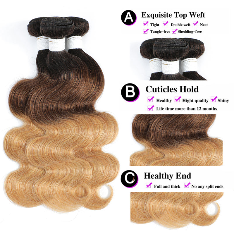 Ombre Colored 1B/4/27 Body Wave Remy 3 PCS Human Hair Bundles