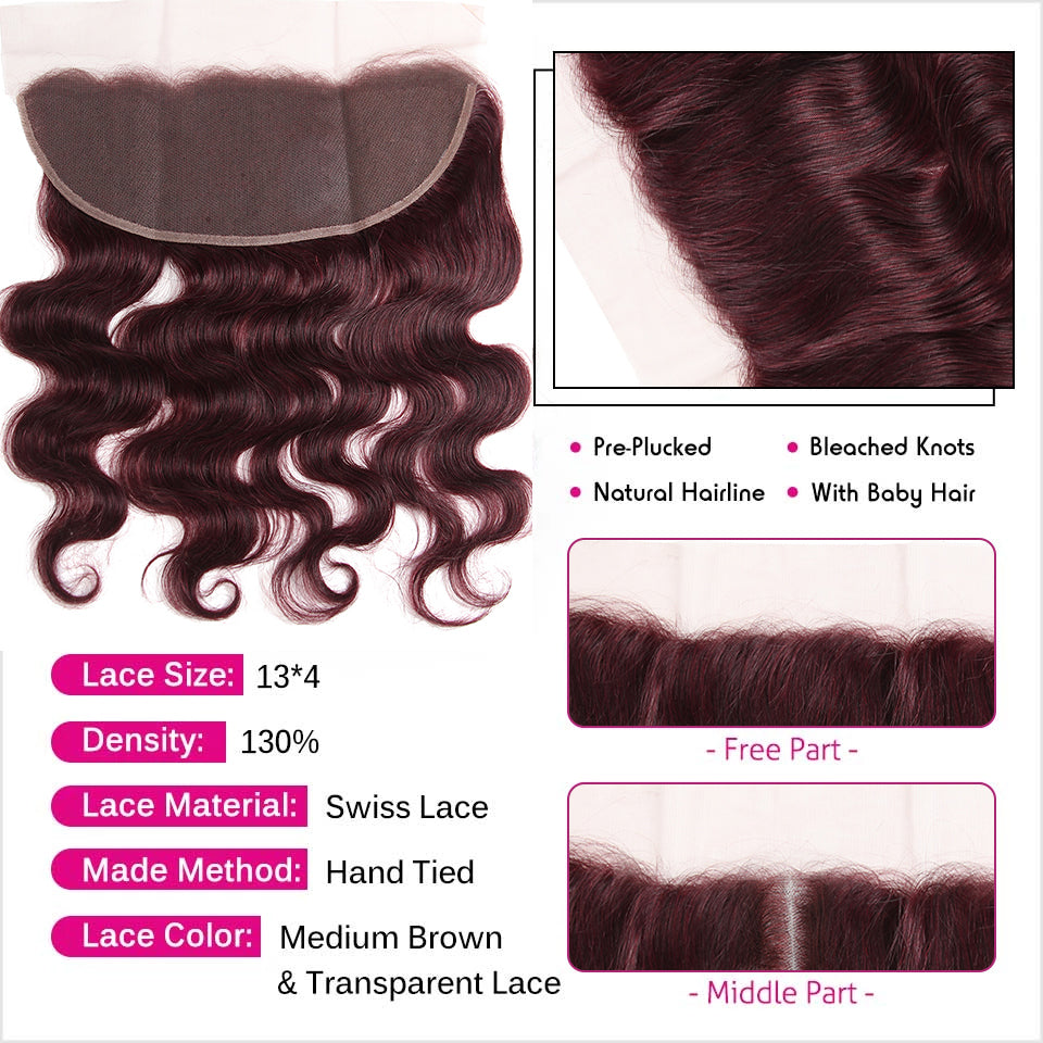 Kemy Hair 99j burgundy Body Wave Human Hair 3Bundles with 4×13 Lace Frontal(99J)