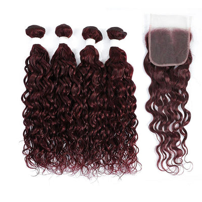 Kemy Hair 4 Human Hair Bundles Maroon Red Water Wave with 4×4 Lace Closure (99J) - Kemy Hair