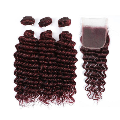 Kemy Hair 3 Deep Wave Maroon Red Human Hair Bundles with 4×4 Lace Closure (99J) - Kemy Hair