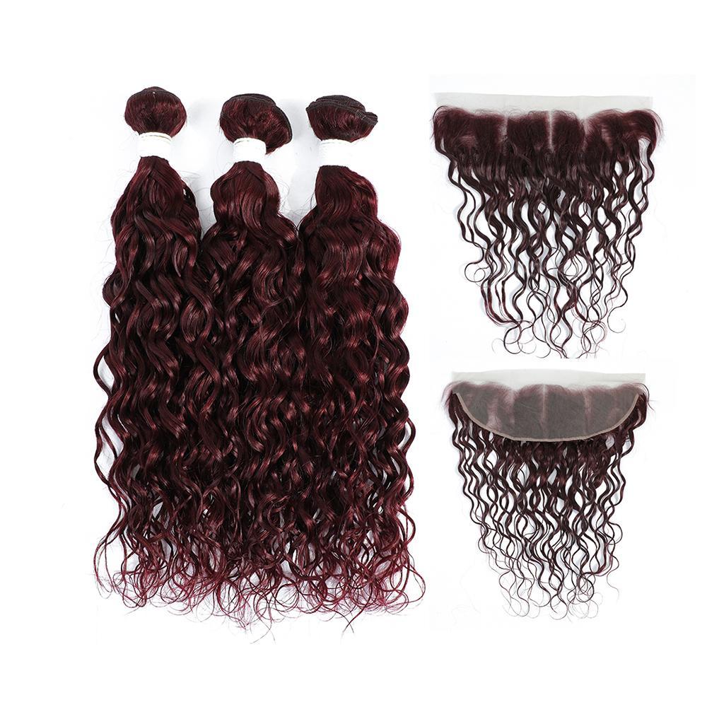 Kemy Hair 99j burgundy Water Wave Human Hair 3Bundles with 4×13 Lace Frontal