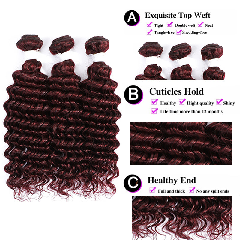 Kemy Hair 99J burgundy Deep Wave 3 Bundles Human Hair Weave Bundles