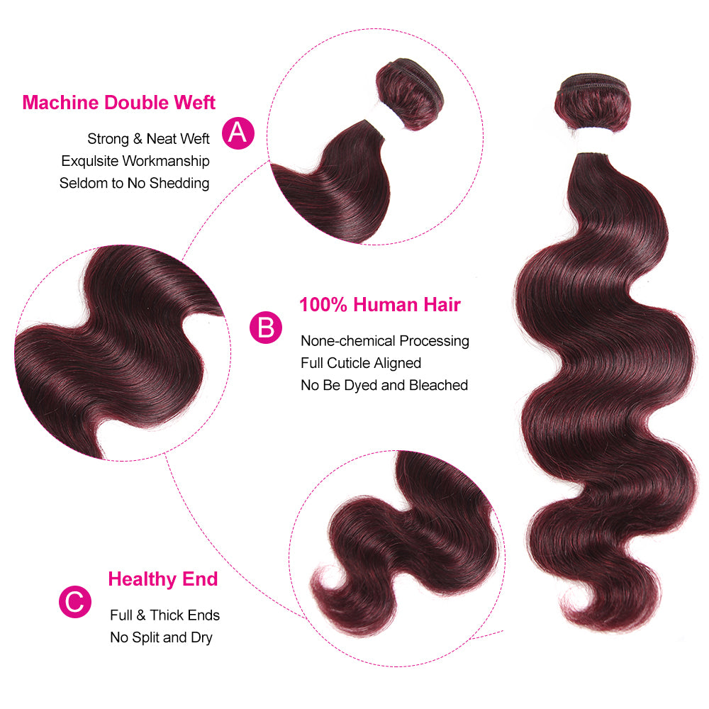 Kemy Hair 99J burgundy Red Body Wave One Remy Human Hair Bundle