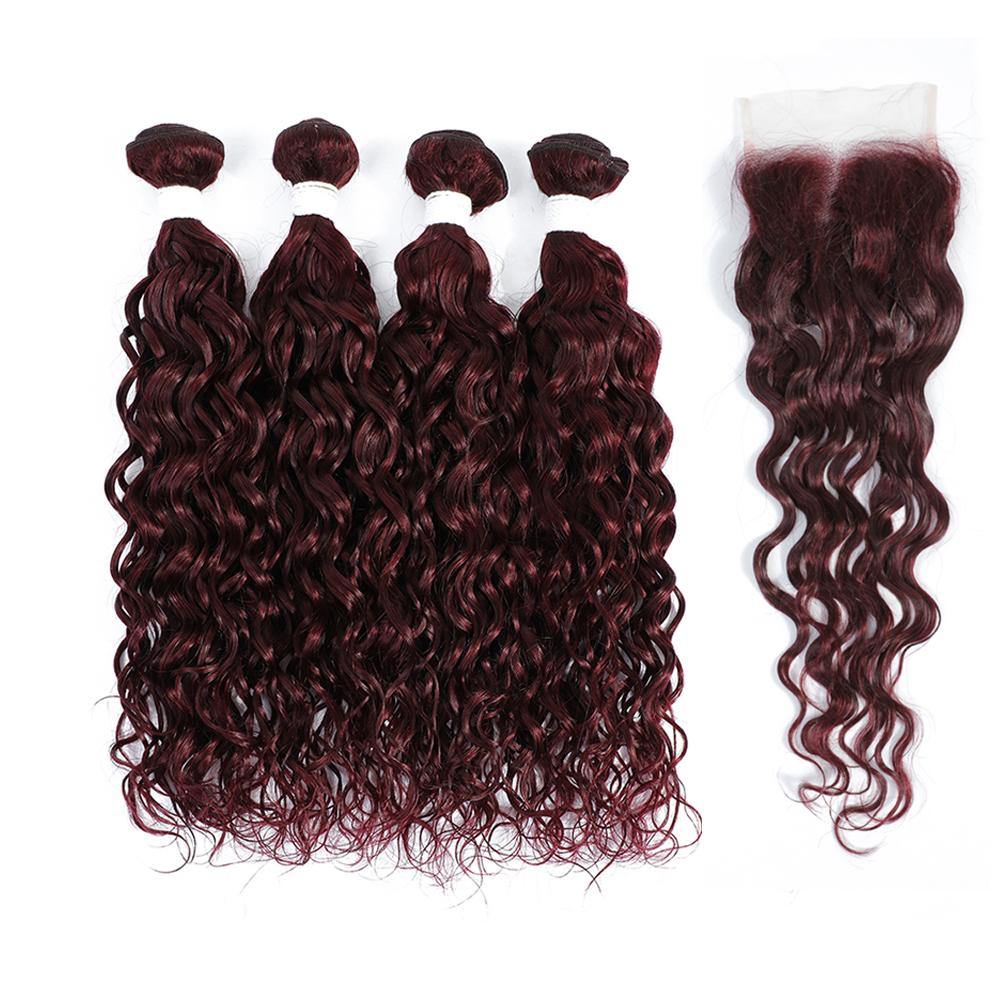 Kemy Hair 4 Human Hair Bundles Maroon Red Water Wave with 4×4 Lace Closure (99J) - Kemy Hair
