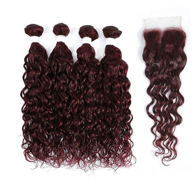 Kemy Hair 99j burgundy Water Wave Human Hair 4Bundles with 4×4 Lace Closure