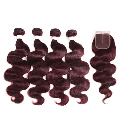 Body Wave Maroon Red Human Hair 4 Bundles Weave with One Free/Middle Part 4×4 Lace Closure (99J) (2851713679460)