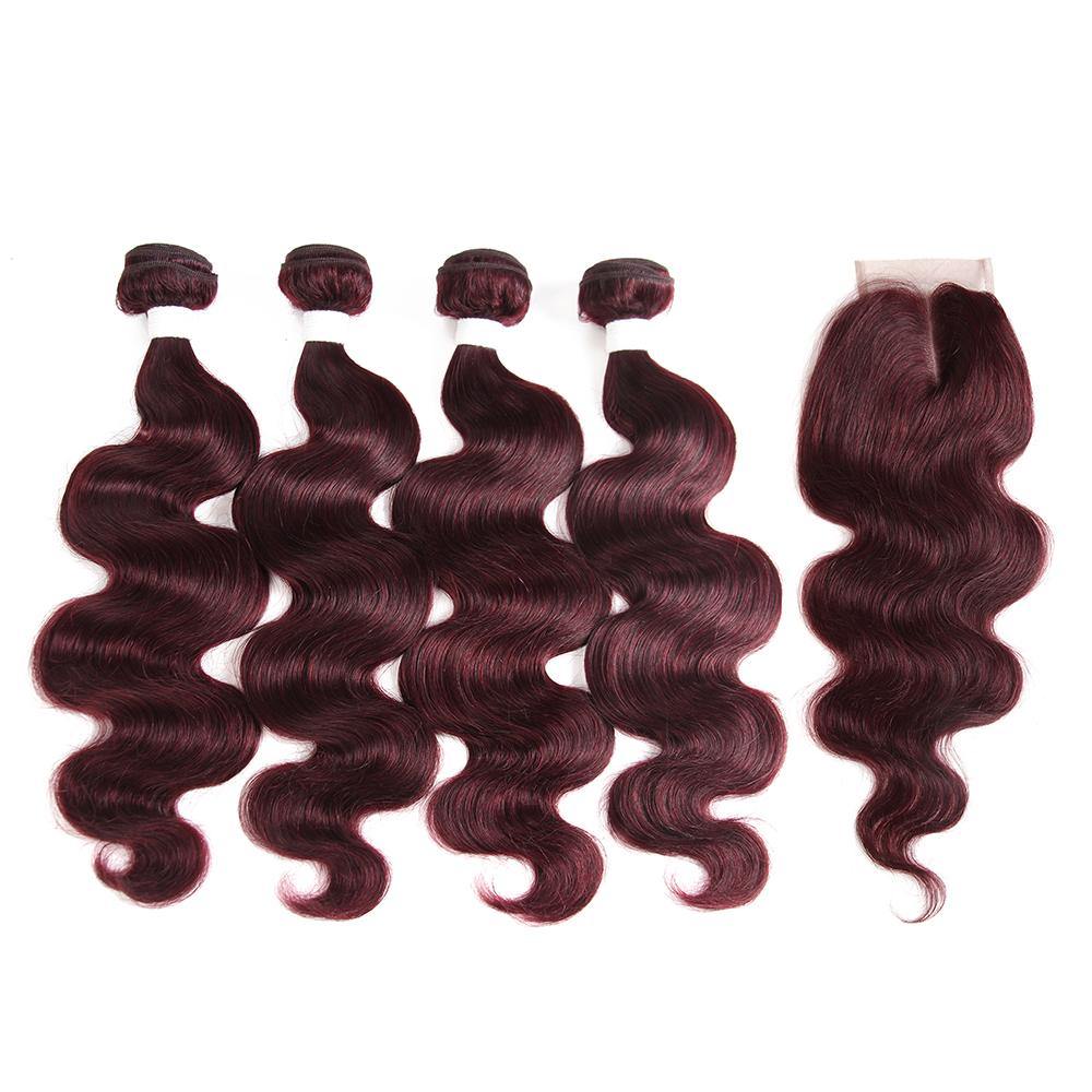 Body Wave Maroon Red Human Hair 4 Bundles Weave with One Free/Middle Part 4×4 Lace Closure (99J) (2851713679460)