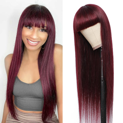Kemy Hair 99j Burgundy Straight Human Hair Wigs with Bang