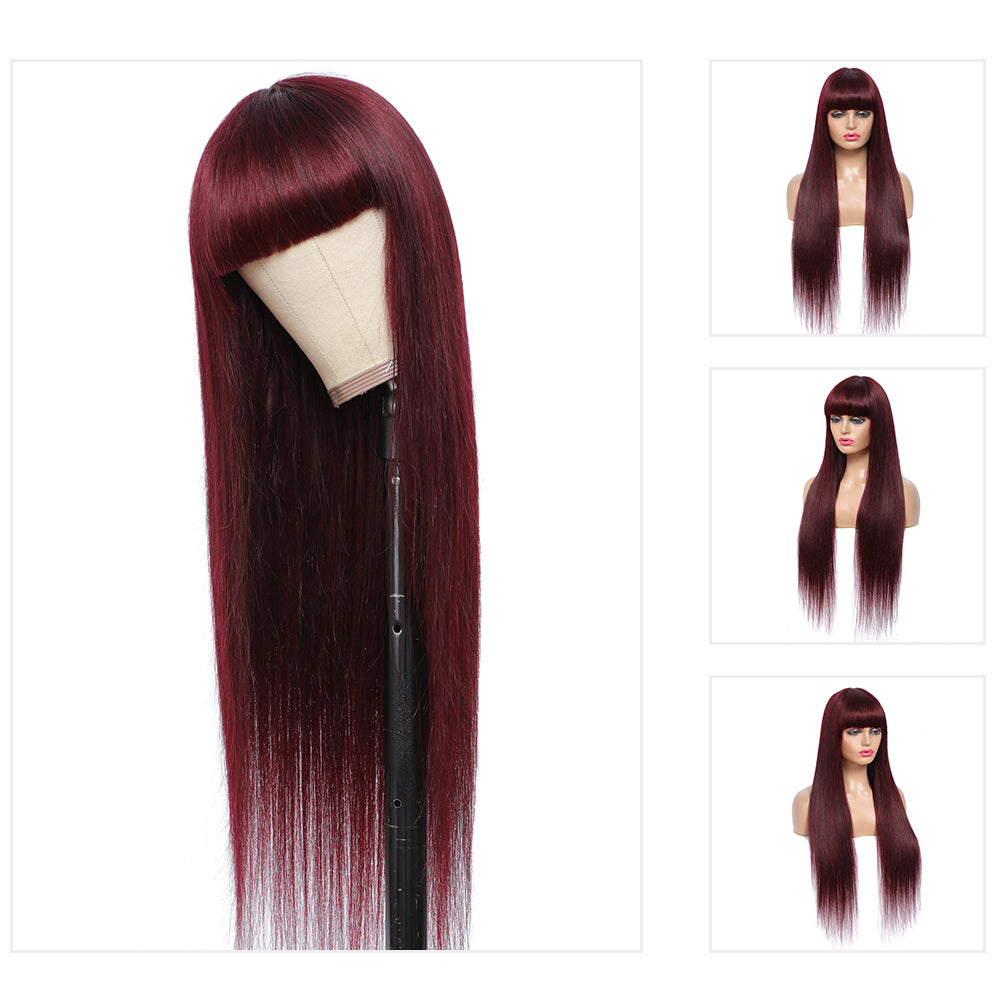 Kemy Hair 99j Burgundy Straight Human Hair Wigs with Bang