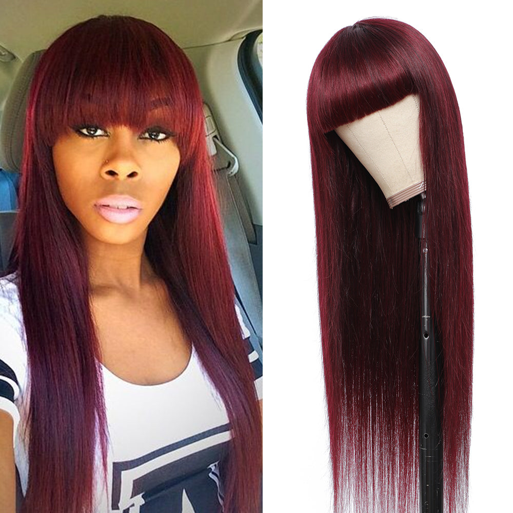 Kemy Hair 99j Burgundy Straight Human Hair Wigs with Bang