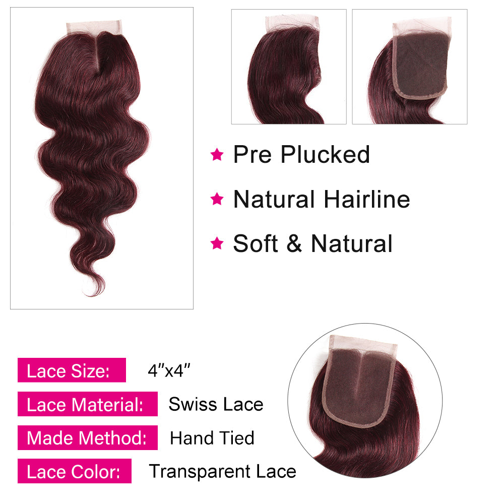 Kemy Hair 99j burgundy Body Wave Human Hair 3Bundles with Part 4×4 Lace Closure