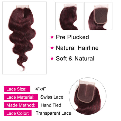 Kemy Hair 99j burgundy Body Wave Human Hair 3Bundles with Part 4×4 Lace Closure