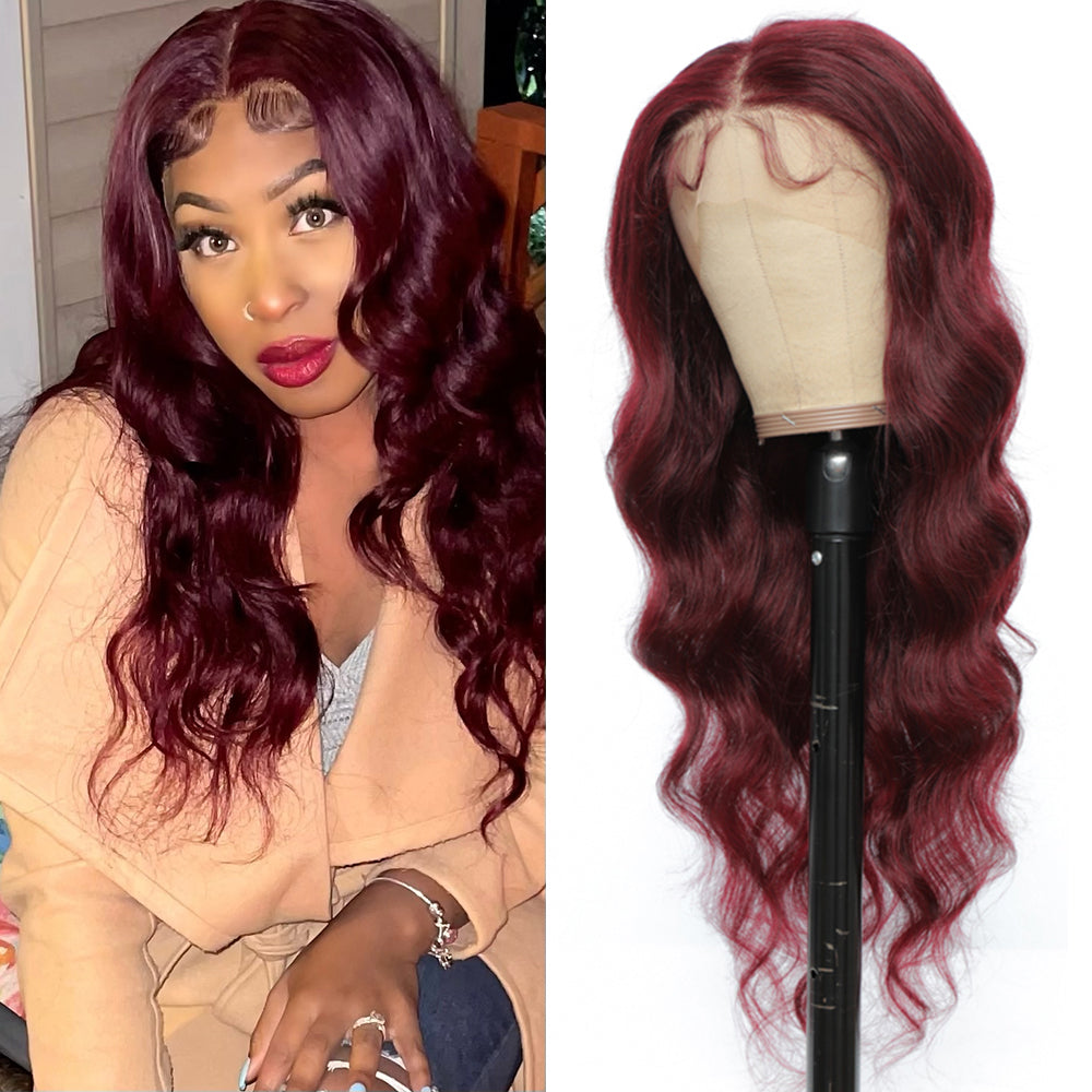 Kemy Hair Custom 99j Burgundy Body Wave Human Hair 13X4 Lace Front wigs