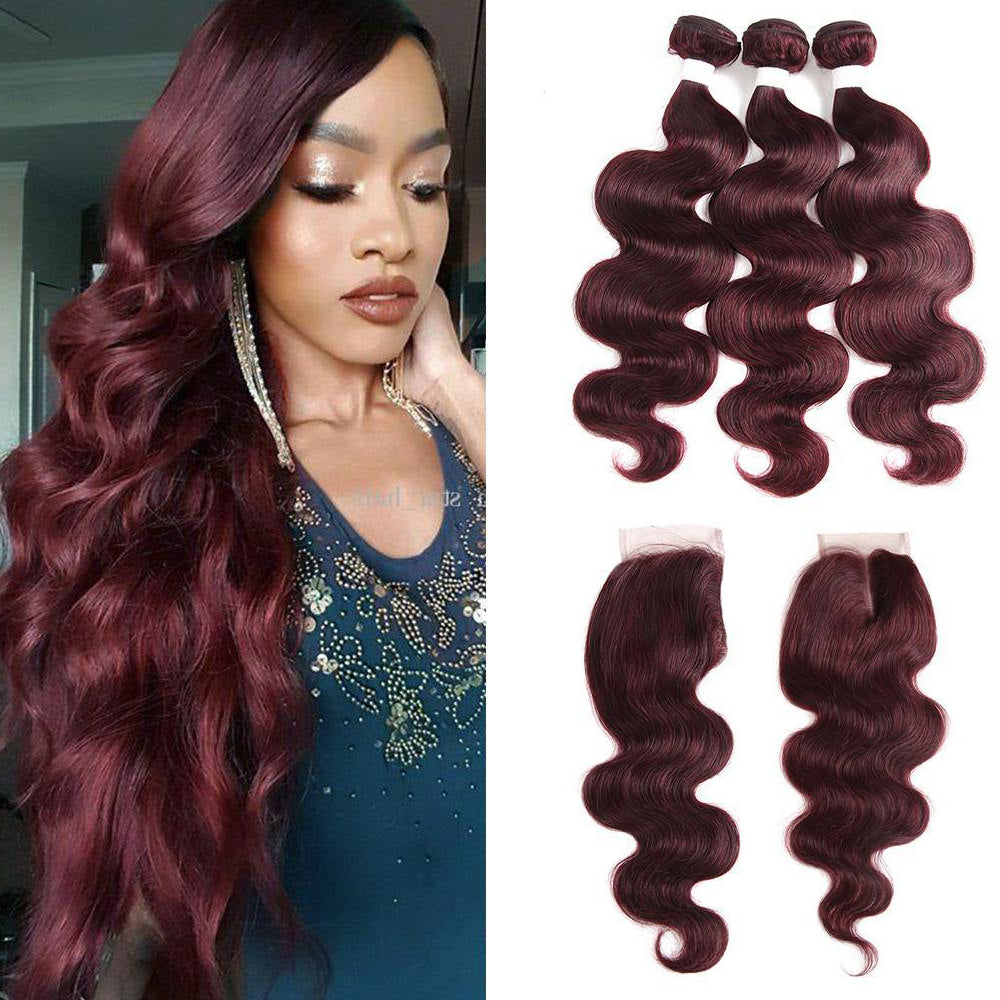 Kemy Hair 99j burgundy Body Wave Human Hair 3Bundles with Part 4×4 Lace Closure