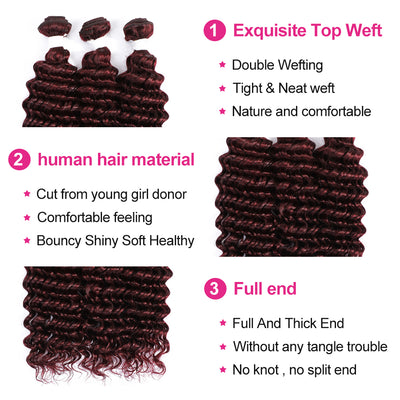 Kemy Hair 99j burgundy Deep Wave Human Hair 3Bundles with 4×4 Lace Closure