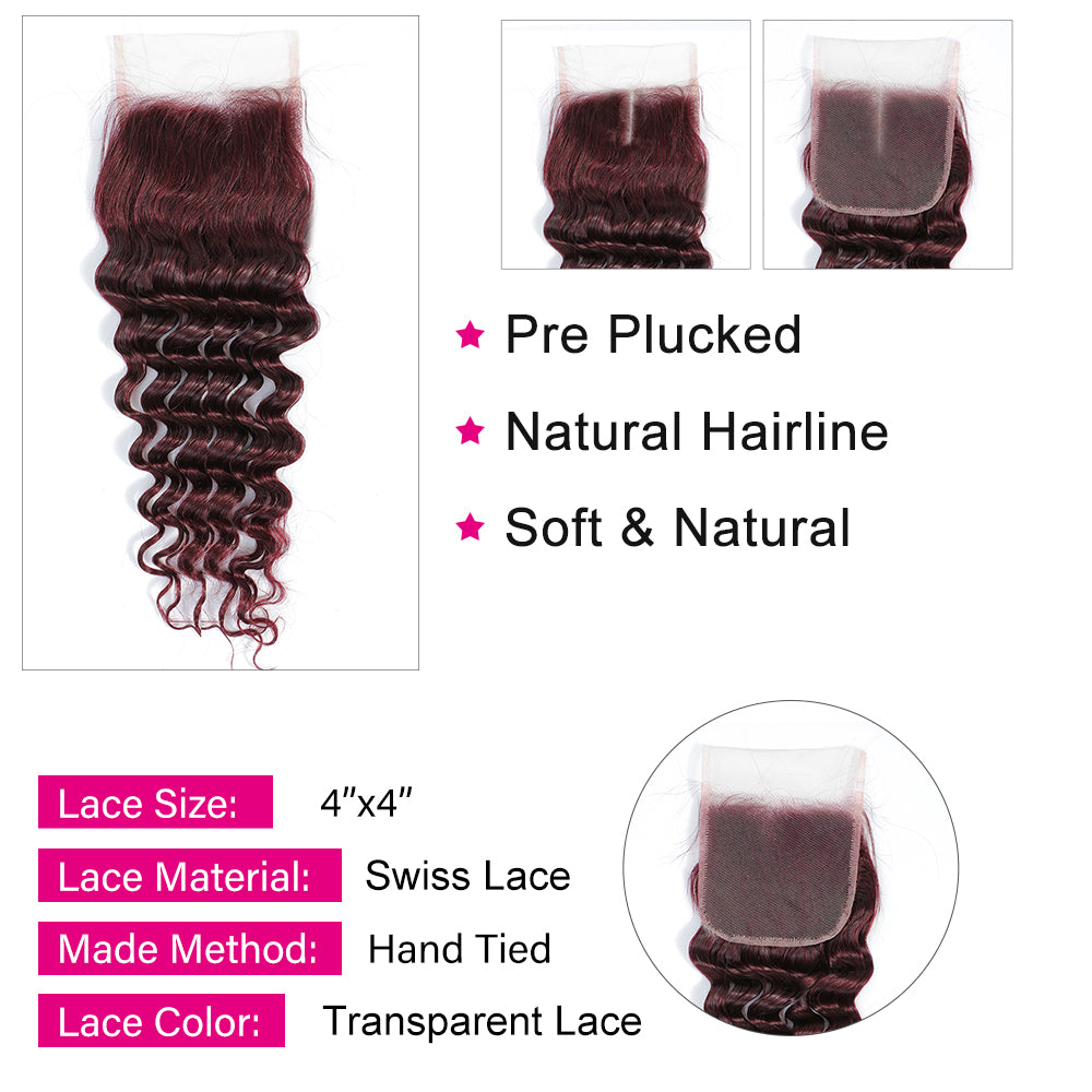 Kemy Hair 99j burgundy Deep Wave Human Hair 3Bundles with 4×4 Lace Closure