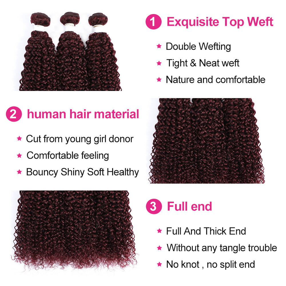 Kemy Hair 99J Redwine Kinky Curly Human Hair 3Bundles With Closure 4x4