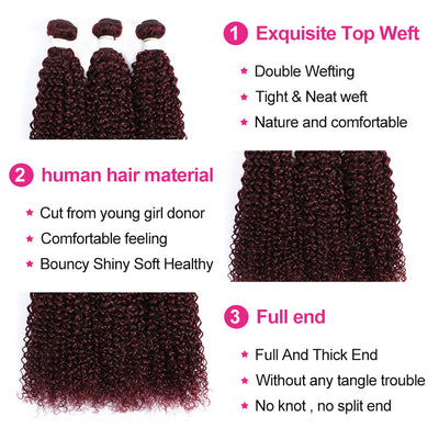 Kemy Hair 99J Redwine Kinky Curly Human Hair 3Bundles With Closure 4x4