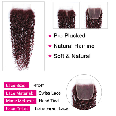 Kemy Hair 99J Redwine Kinky Curly Human Hair 3Bundles With Closure 4x4