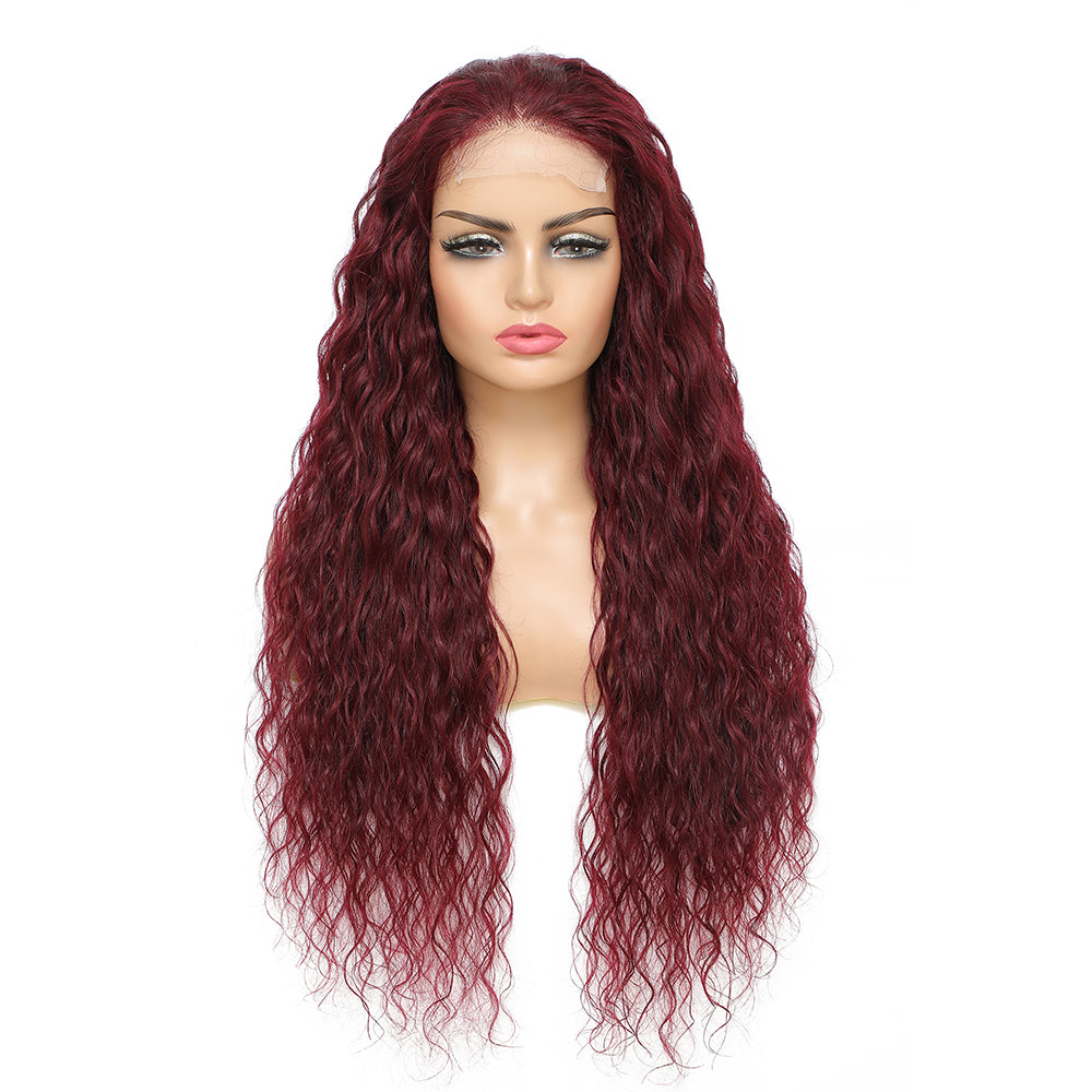 Kemy Hair Custom 99j Burgundy Water Wave Human Hair 4x4 Lace Closure wigs 14''-24''