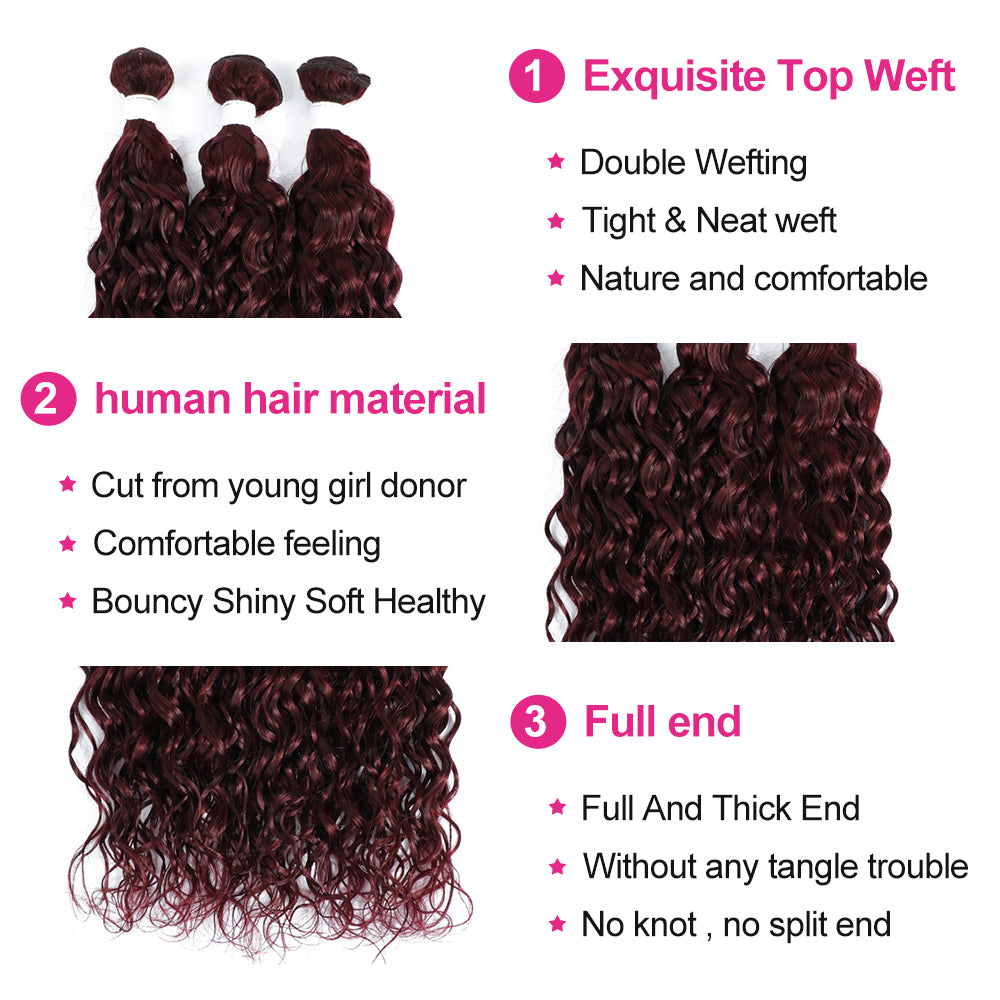 Kemy Hair 99j burgundy Water Wave Human Hair 4Bundles with 4×4 Lace Closure