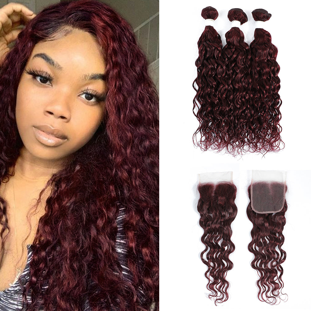 Kemy Hair 99j burgundy Water Wave Human Hair 3Bundles with 4×4 Lace Closure