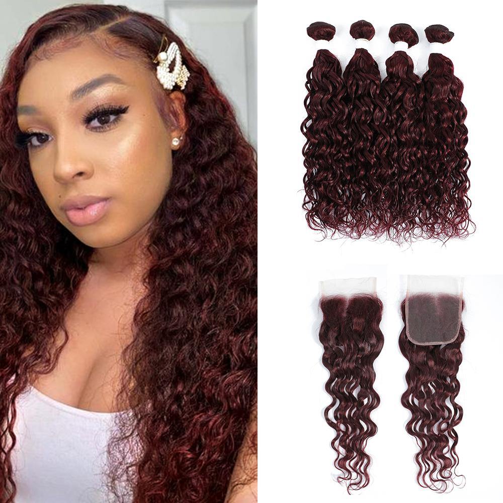 Kemy Hair 4 Human Hair Bundles Maroon Red Water Wave with 4×4 Lace Closure (99J) - Kemy Hair