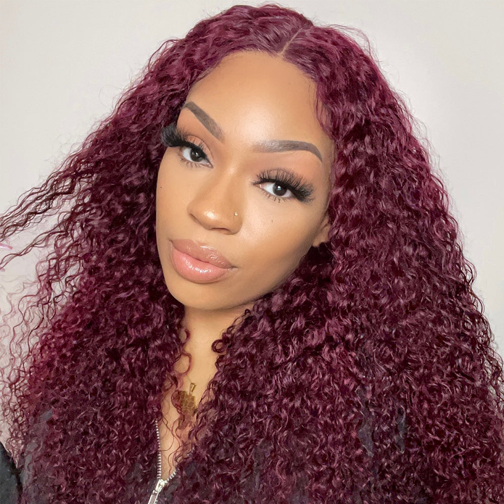 Kemy Hair Custom 99j Burgundy Water Wave Human Hair 13x4 Lace Frontal Wigs