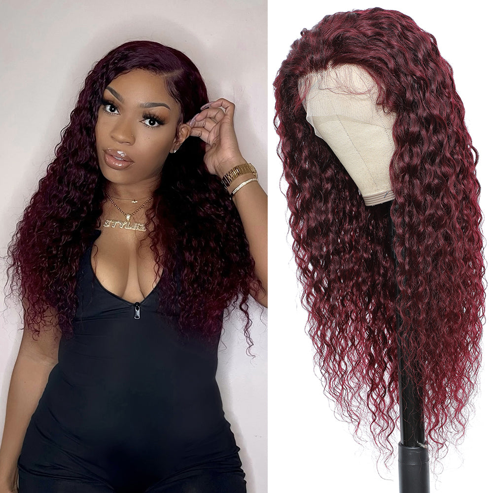 Kemy Hair Custom 99j Burgundy Water Wave Human Hair 13x4 Lace Frontal Wigs