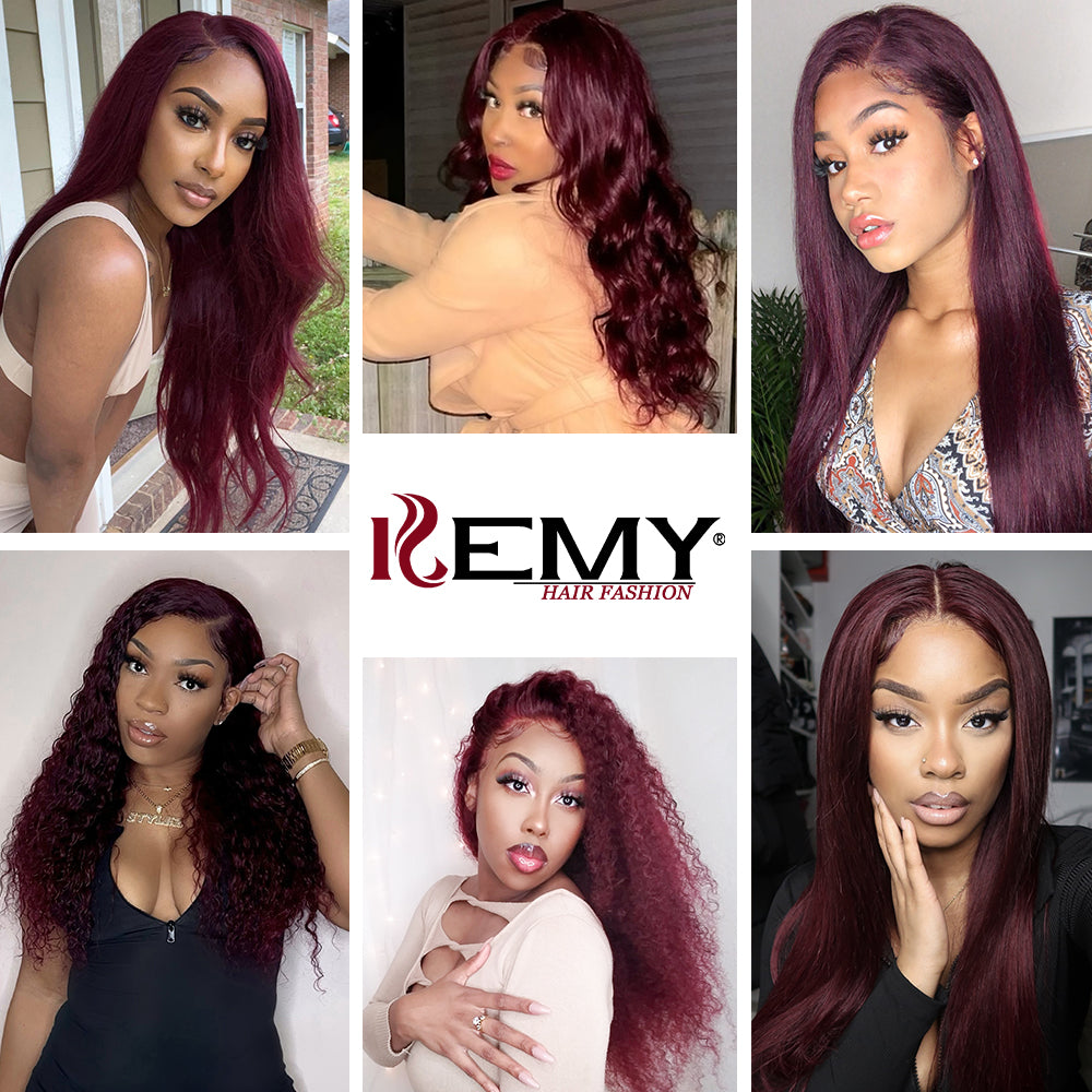 Kemy Hair Custom 99j Burgundy Straight Human Hair 13X4 Lace Front wigs